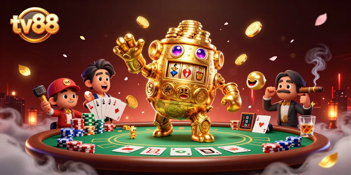 Engage with tv88's thrilling casino action featuring a golden golem and poker dynamics.