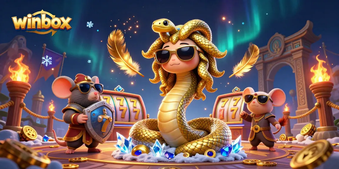 winbox casino scene featuring Medusa with golden snakes and a warrior mouse amidst dynamic slot elements.
