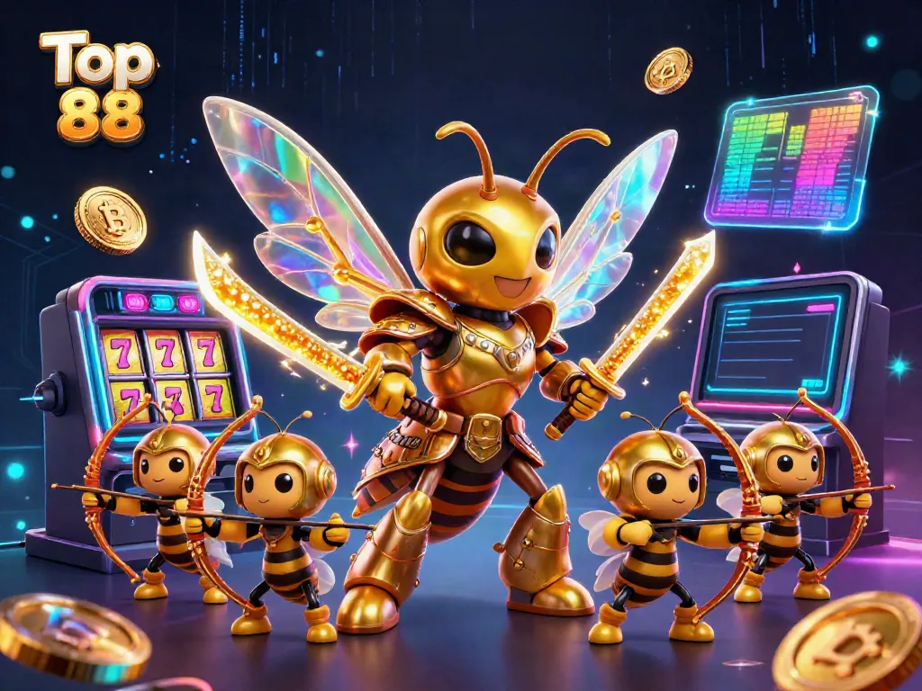 Engage in thrilling gameplay at Top 88 with a vibrant casino scene featuring golden hornet samurai and slot machines.