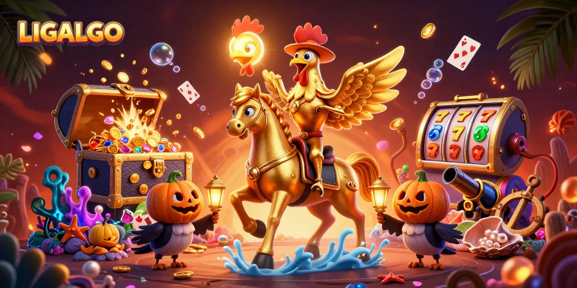 LIGALGO showcases a golden rooster riding through a vibrant casino scene infused with rich details.