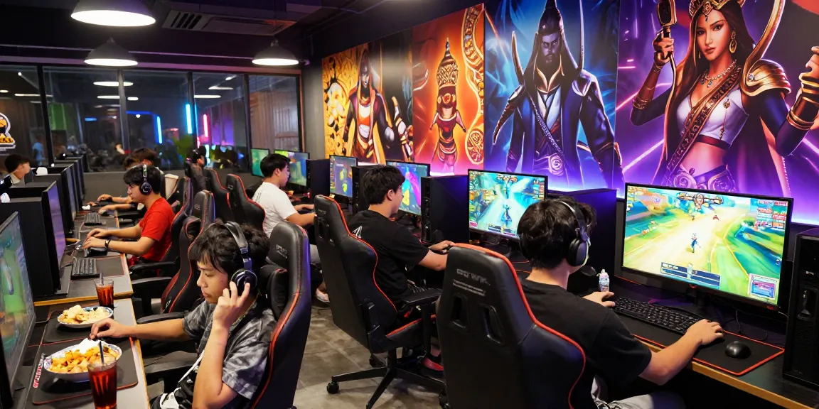 บรรยากาศการเล่นเกม playme8 ในคาเฟ่เกมสไตล์ไทยที่เต็มไปด้วยแสงสีสัน