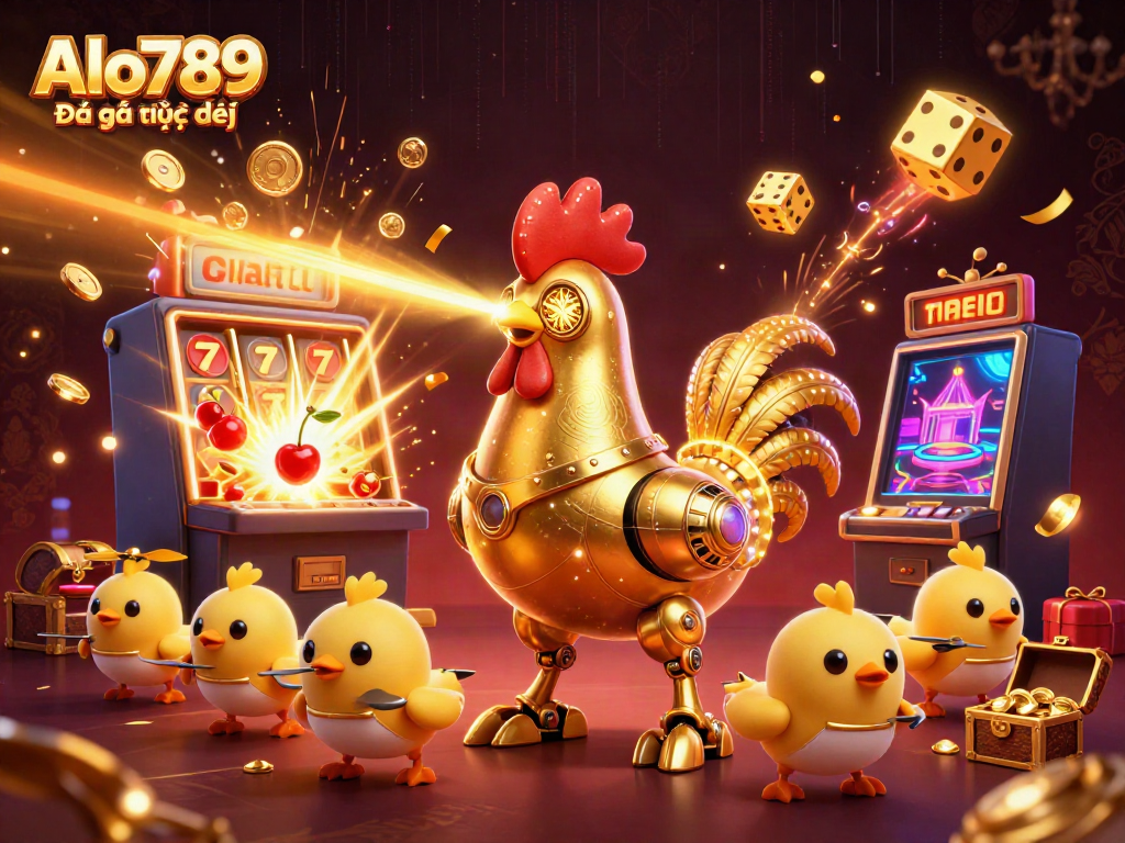 Alo789 Đá gà trực tiếp showcases a vibrant 3D rooster robot surrounded by casino elements, creating an energetic gaming scene.