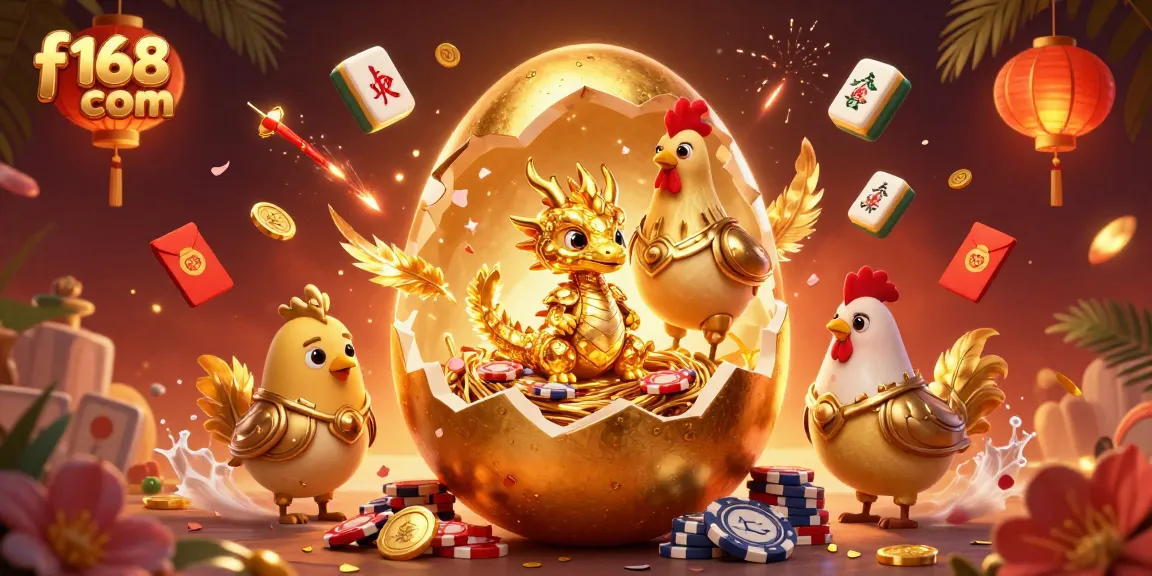 Experience gaming excitement at f168 com with dynamic 3D illustration of a golden dragon and poker chips.