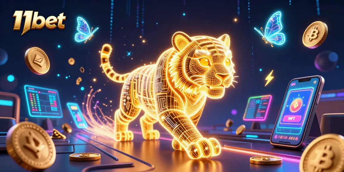 Engage with 11bet’s vibrant 3D casino scene featuring a neon-wireframe tiger and crypto elements.
