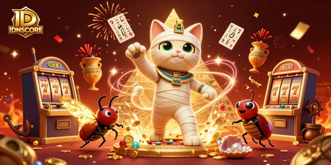 IDNSCORE players enjoy immersive gaming experiences with a 3D Egyptian mummy cat and dynamic casino elements.