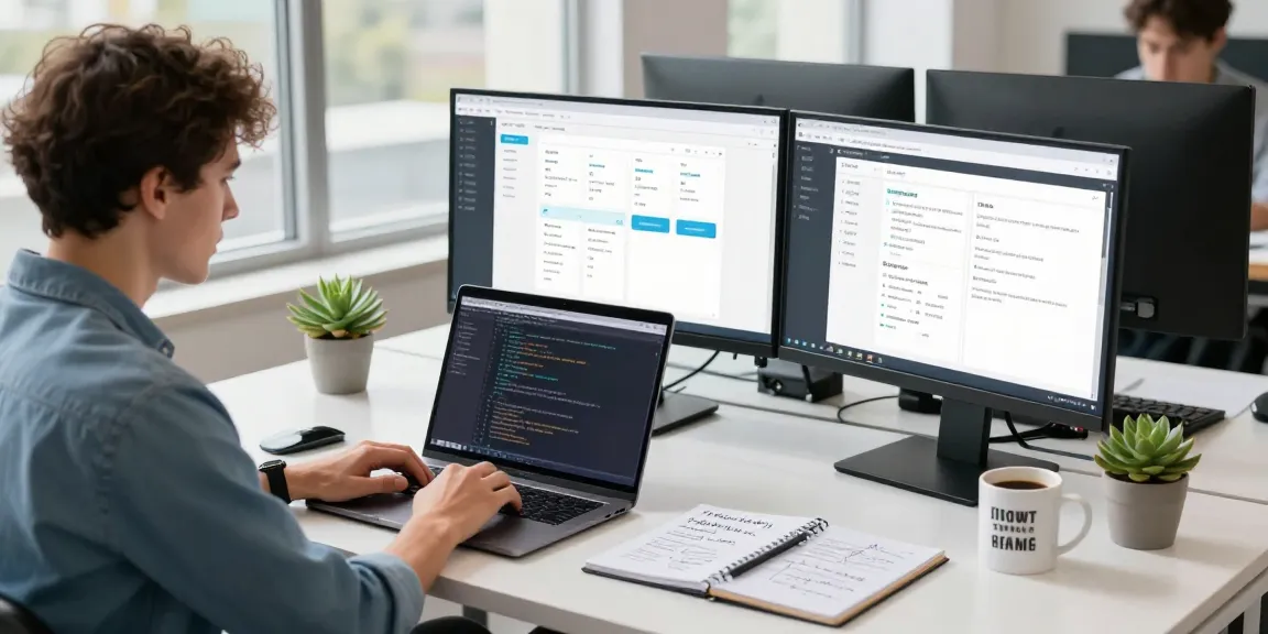 Build internal tools with AI in a vibrant tech workspace, showcasing coding and design collaboration.