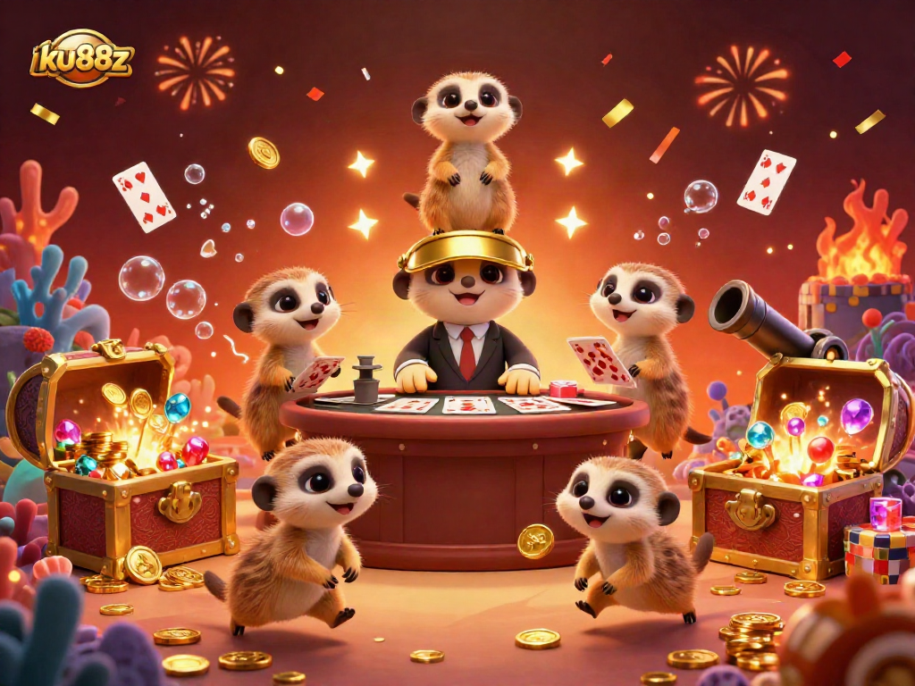 Experience the thrill of ku88z with cartoon meerkats in a lively casino setting, celebrating wins with gold coins and gems.