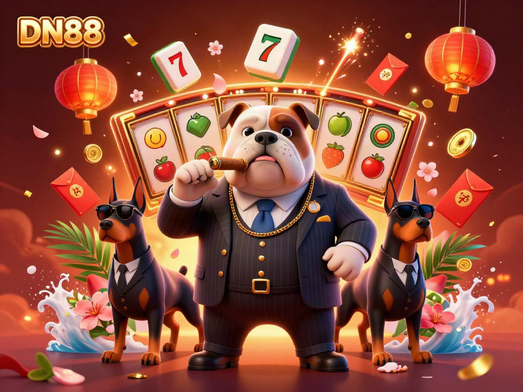Engage with DN88 through vibrant casino gaming featuring a mafia bulldog and dynamic elements in a rich illustrated scene.