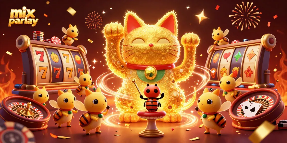 Engage in mix parlay betting with vibrant visuals of casino symbols and characters in a lively scene.