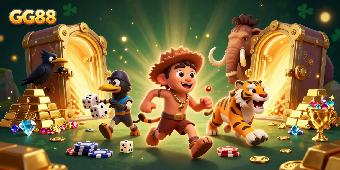 Experience the vibrant GG88 casino scene with caveman characters and sparkling treasures.