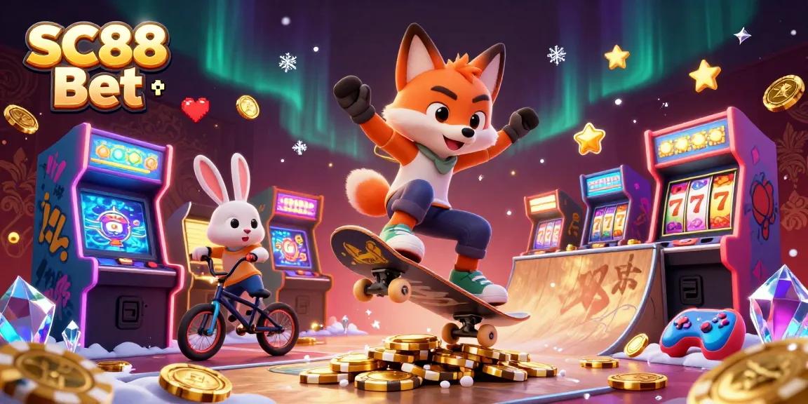SC88 Bet showcases a vibrant casino atmosphere with a skateboarder fox and BMX rabbit in action.