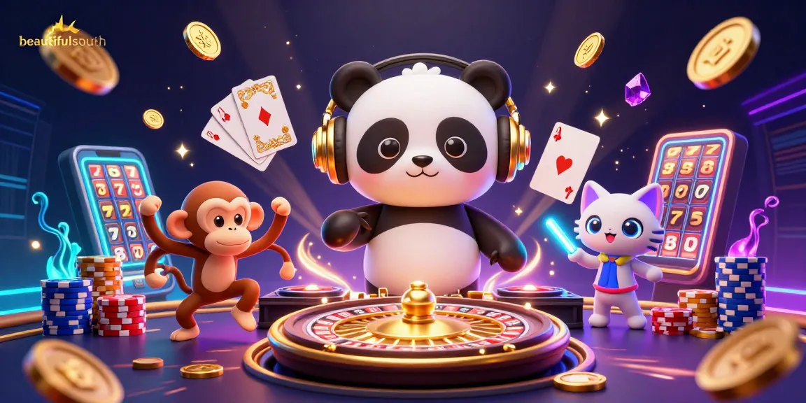 Engage with gaming excitement at beautifulsouth with a vibrant 3D casino scene featuring fun characters.