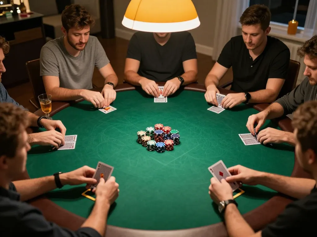 Players enjoy an intense poker game at home, showcasing mm88 gaming strategies in action.