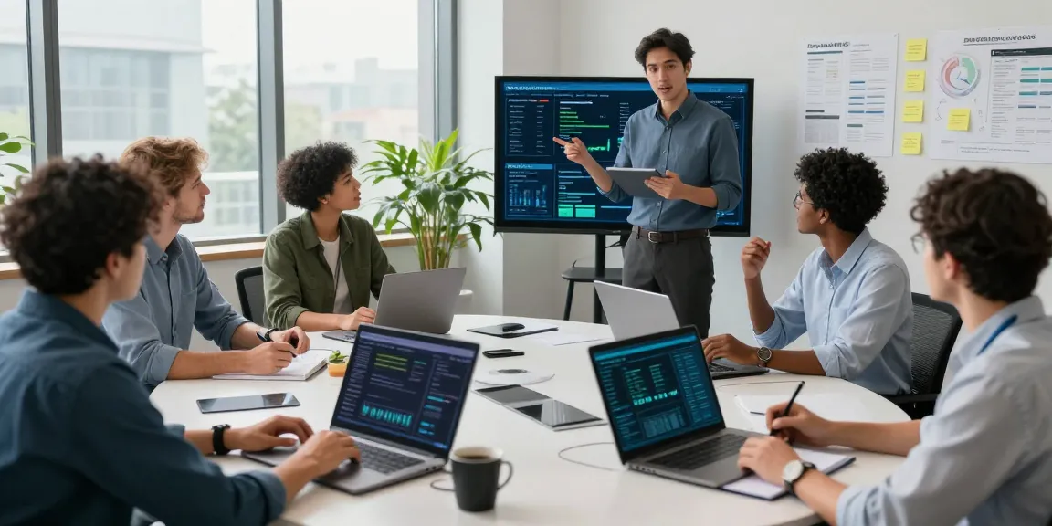 Cyber essentials managed service team collaborating on cybersecurity strategy in a modern office.