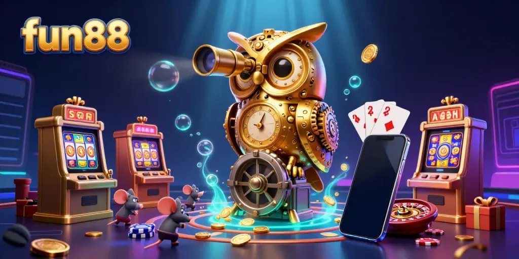 Engage with fun88's vibrant casino scene featuring a golden owl and lively game elements.