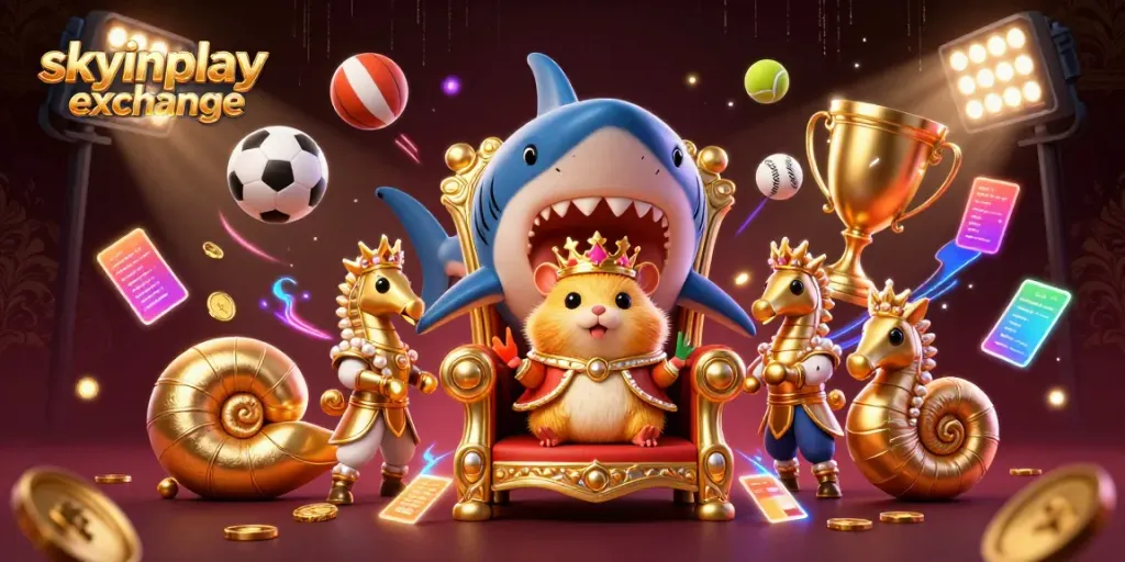 Experience dynamic sports betting with skyinplay exchange featuring a golden hamster king and vibrant sports elements.