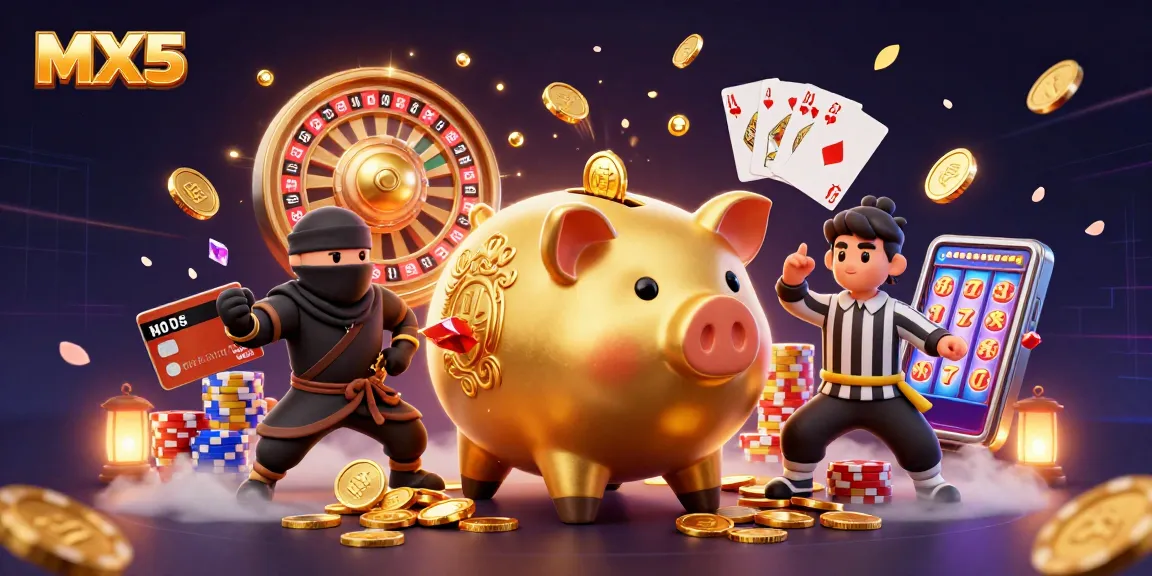Experience the thrill of winning with MX5's vibrant gaming scene, featuring dynamic characters and golden coins.