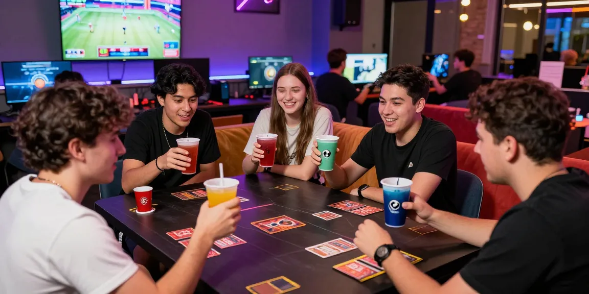 Friends playing games and enjoying drinks from a b52 cup in a lively gaming lounge