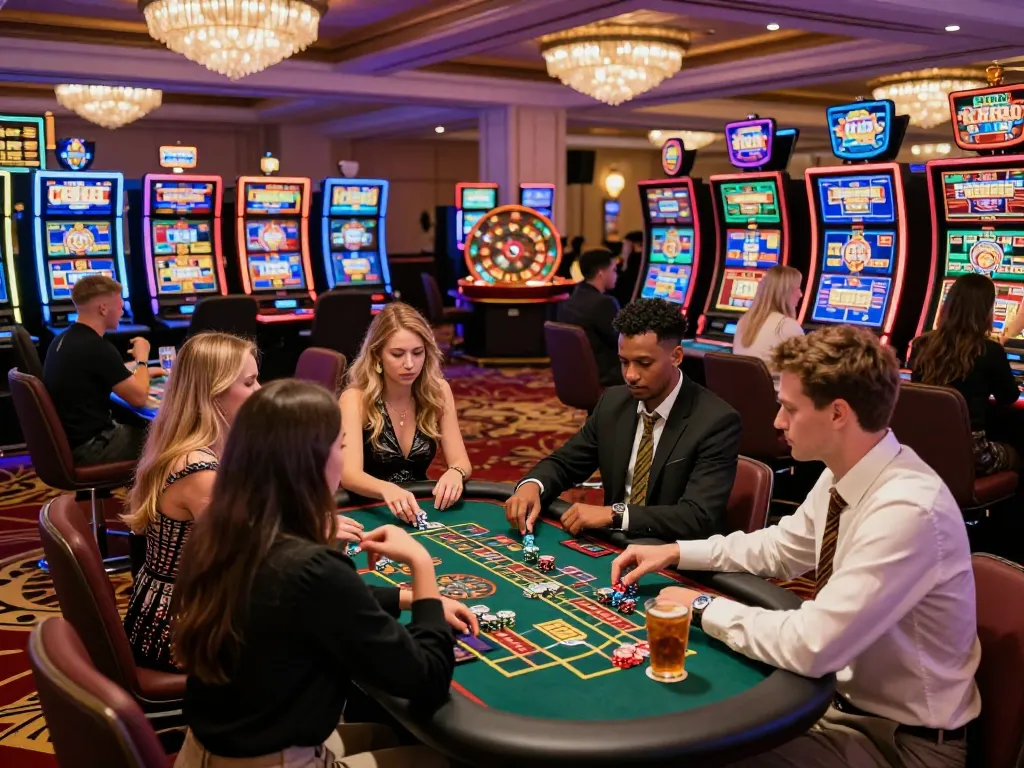 A diverse group of players enjoying games at RR88 com casino with vibrant atmosphere and exciting gaming options.