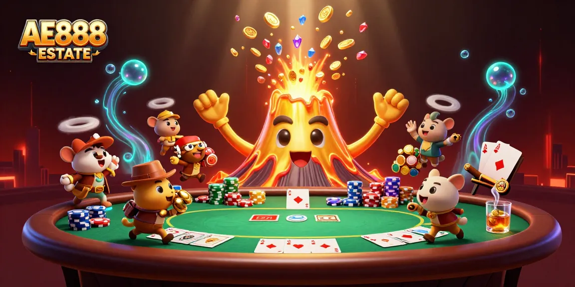 Experience winning at AE888 ESTATE as the golden volcano erupts with treasures amidst poker excitement.