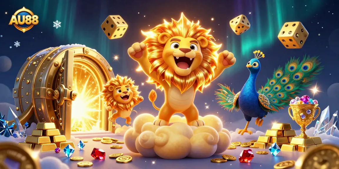 Bet on AU88 with a vibrant, dynamic illustration showcasing casino excitement and treasures.