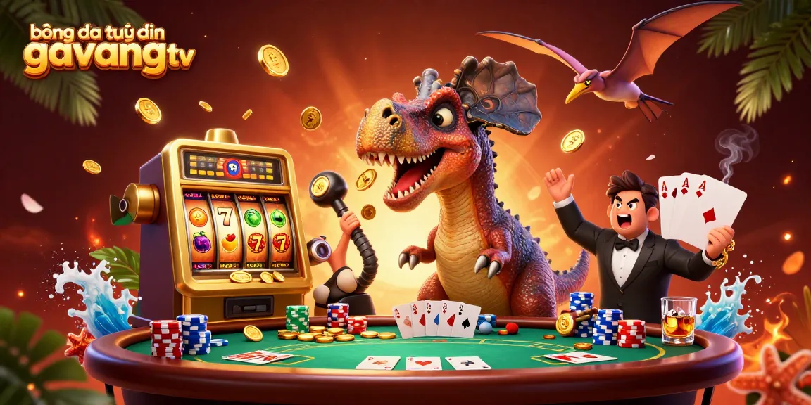 bóng đá trực tuyến gavangtv showcases a vibrant 3D scene with cartoon dinosaurs involved in thrilling casino action