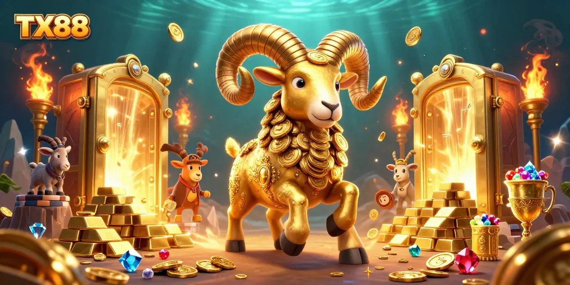 Engage with TX88's golden ram charging through treasure, showcasing epic casino excitement.