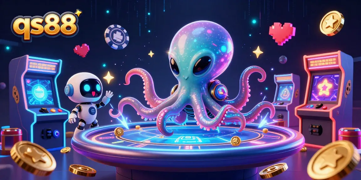 Experience thrilling gameplay at qs88 with an exciting alien octopus at a poker table, featuring interactive casino elements.