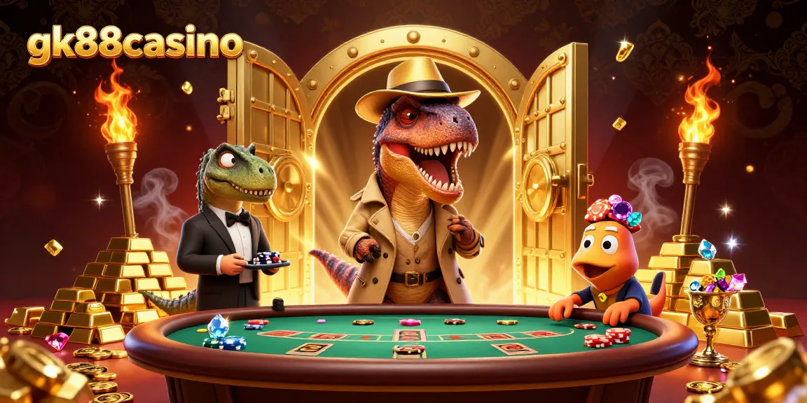 Engage with gk88casino in a vibrant 3D scene of a velociraptor card counter and stegosaurus pit boss, enriched with dynamic casino elements.