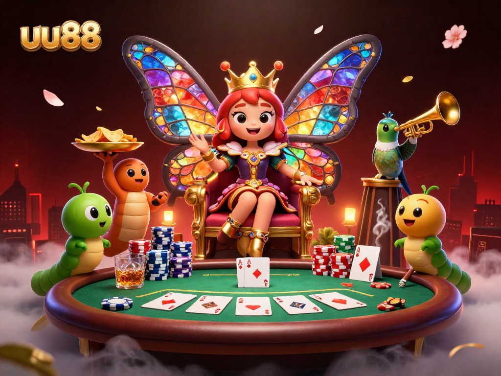Engage in thrilling poker action at uu88 with a colorful butterfly queen amidst vibrant casino elements.