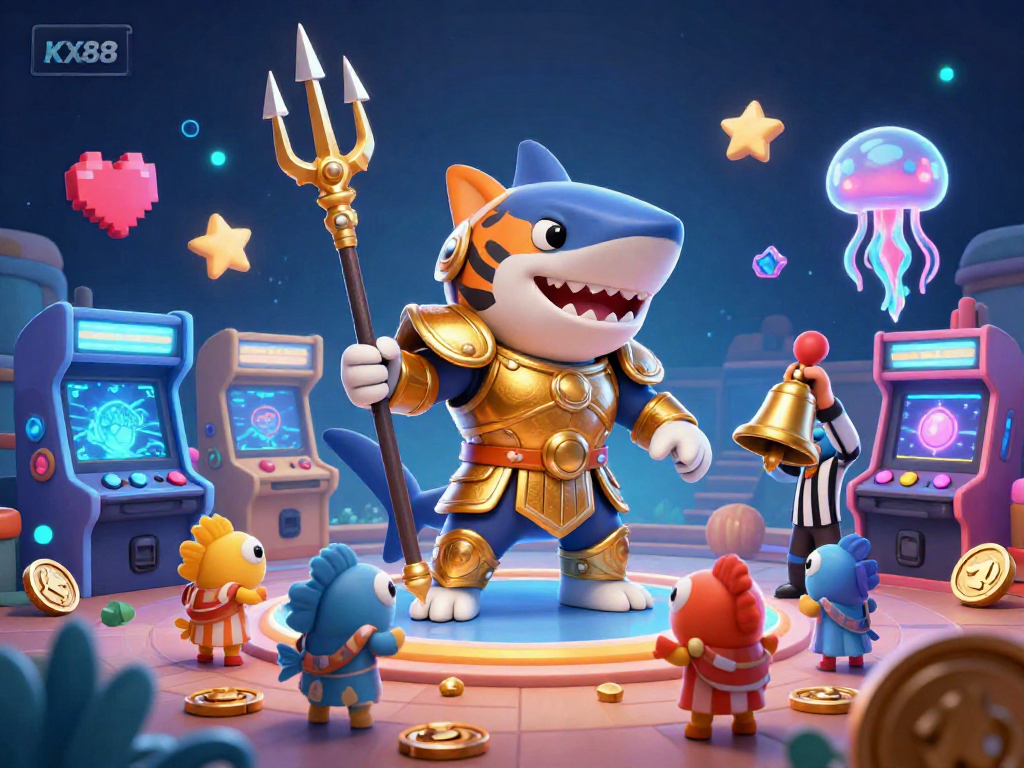 KX88's vibrant illustration showcases a tiger shark and arcade elements in a dynamic underwater scene.