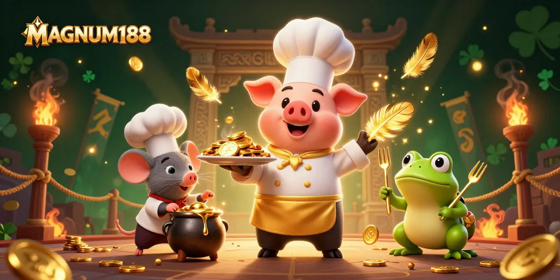 Engage in gambling excitement at MAGNUM188 with a chef pig presenting gold coin delicacies in a lively casino scene.