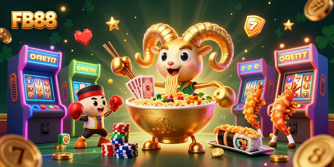 FB88 showcases a vibrant 3D casino scene with a golden ramen bowl dealer and gaming elements.