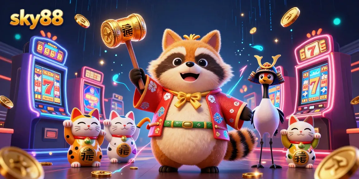 Experience thrilling wins at sky88 with our lively casino illustration featuring a cheerful tanuki and lucky symbols.