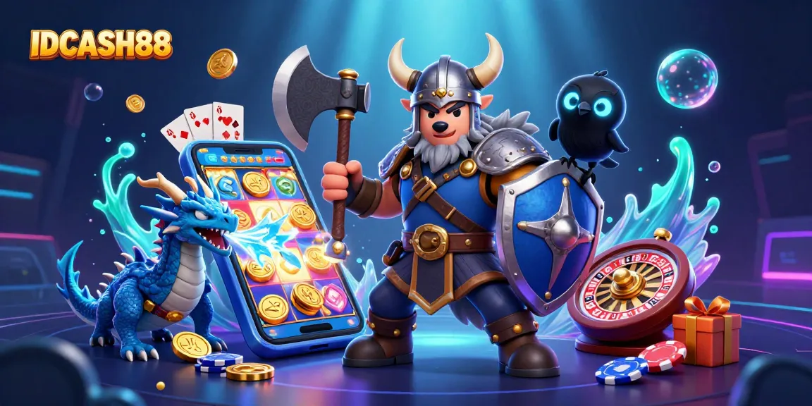 Experience the thrilling games at IDCASH88 with a Viking warrior, dragon, and vibrant casino elements.