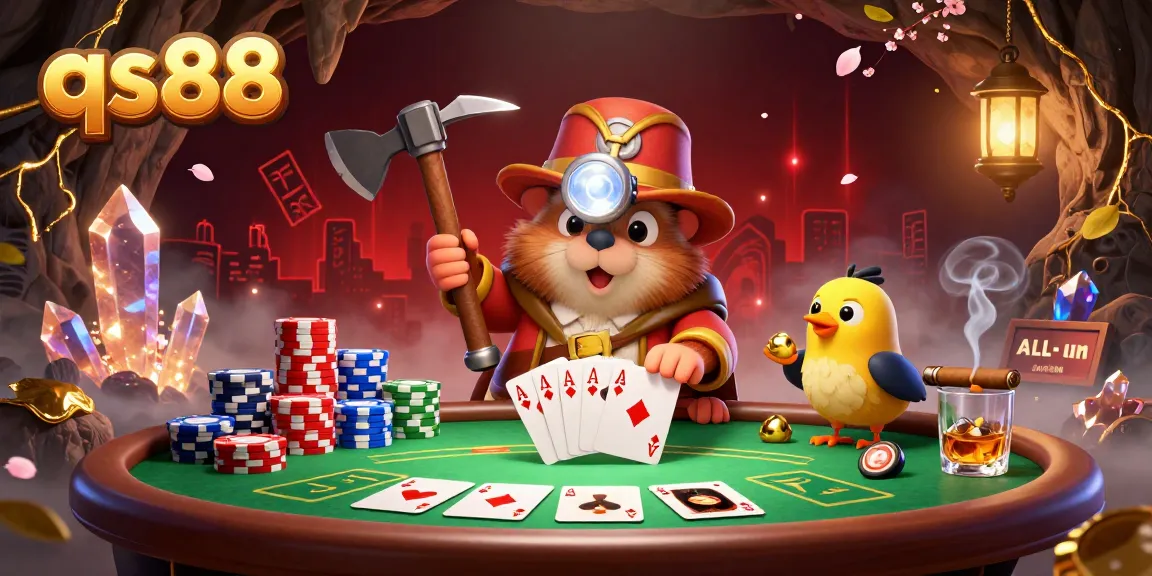 Engage with qs88's thrilling gaming experience in a dynamic 3D scene filled with poker excitement.