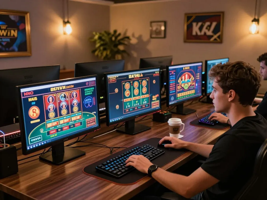 Engaging player immersed in KWIN's online casino experience with multiple screens showcasing games.