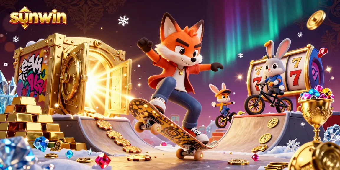 Experience sunwin gaming adventures with a lively fox and rabbit in a vibrant 3D casino scene.