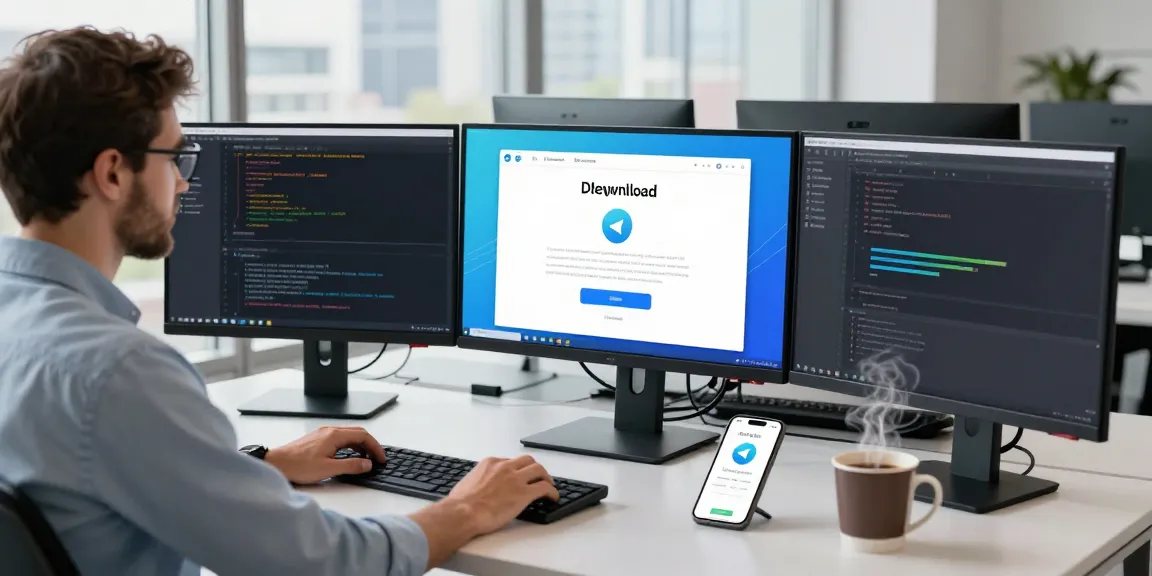 Professional workspace highlighting Telegram Download page on multiple screens, depicting app installation and tech integration.