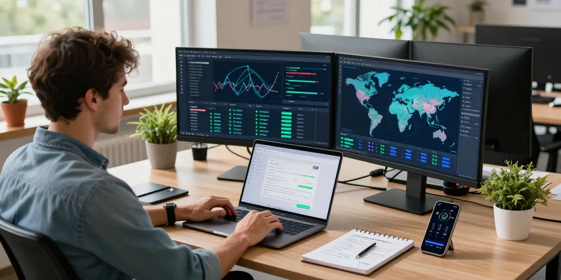 Professional workspace showcasing 快连 VPN application with performance metrics in a modern office setting.