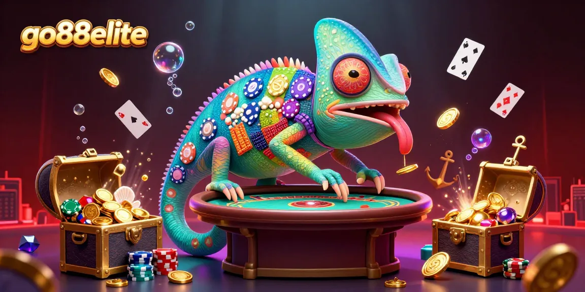 Engage with go88elite in an immersive 3D casino scene filled with poker, gold coins, and vibrant treasures.