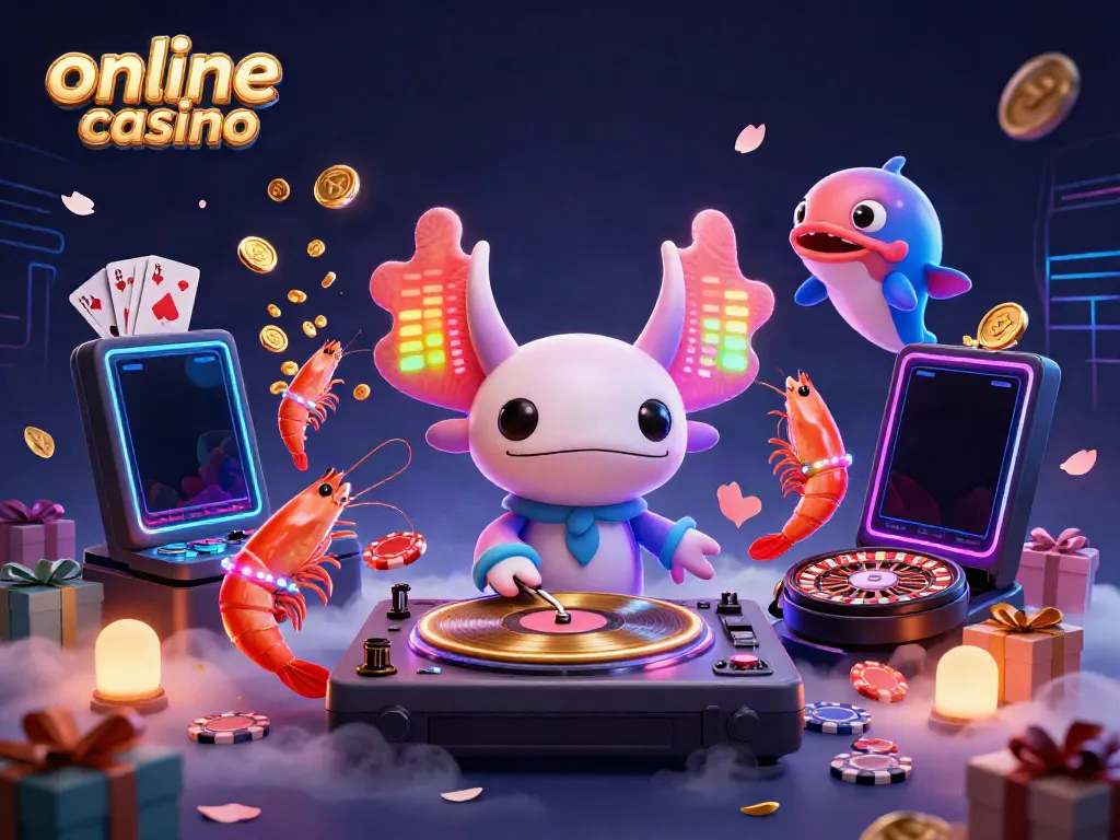 Engaging online casino scene with neon axolotl DJ, shrimp dancers, and exciting game elements.