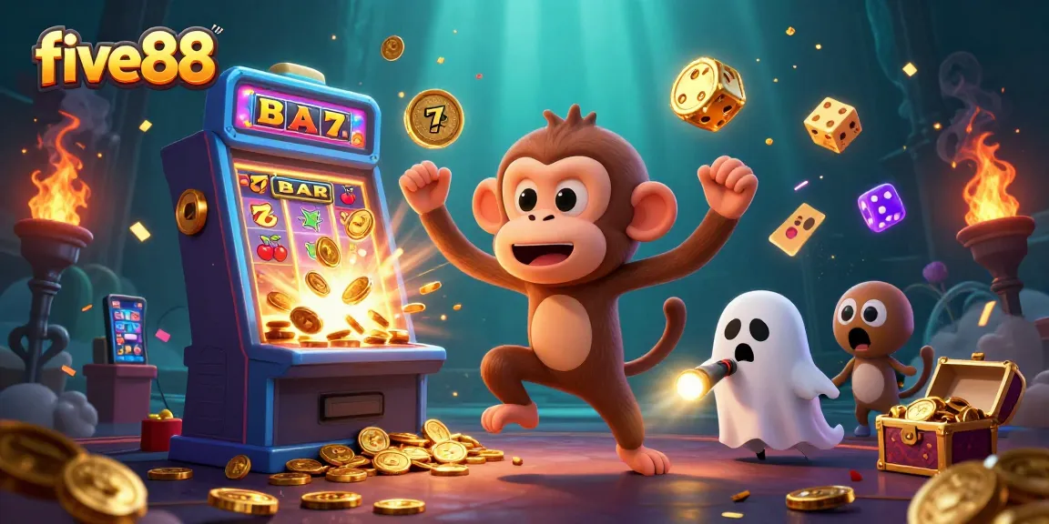 Discover five88's haunted casino vibes with a playful poltergeist monkey and ghost-hunter puppy in action.