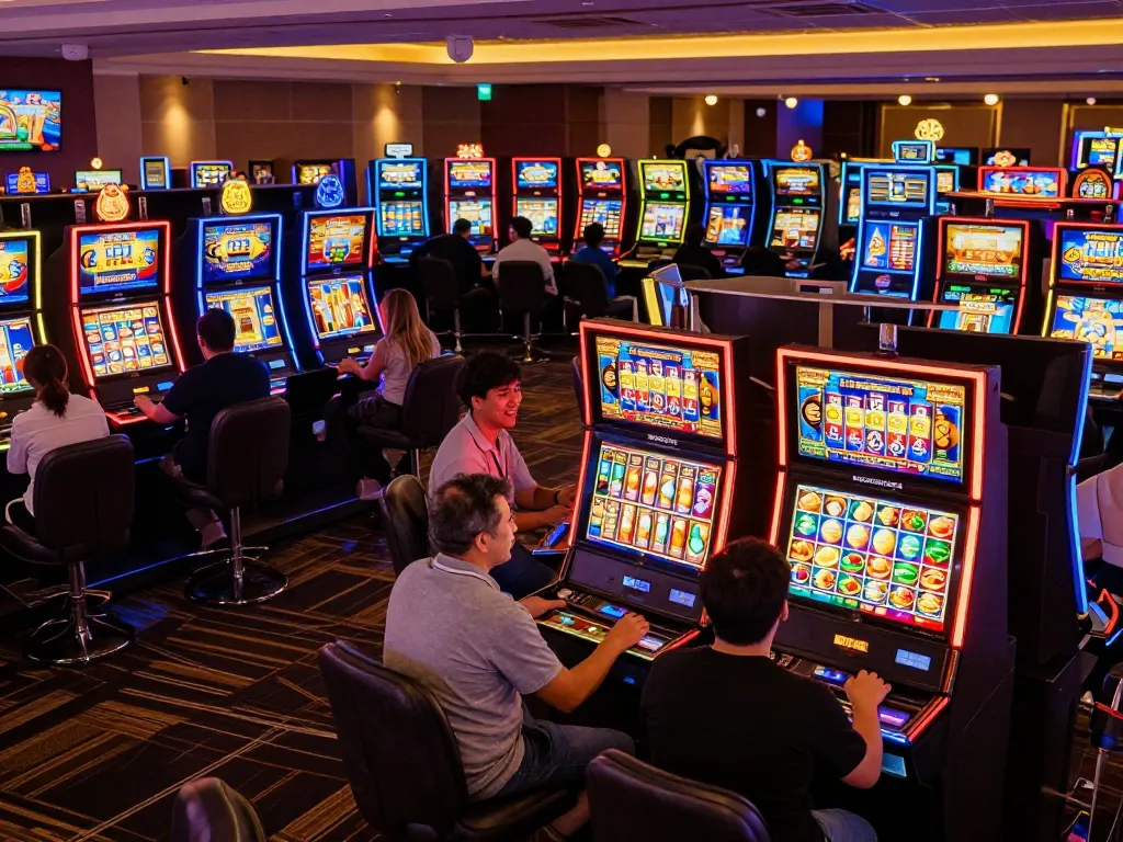 Players spinning reels on colorful slot machines at a bustling situs slot area in a lively casino