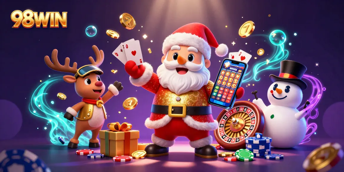 Spin the reels with 98WIN's engaging casino games featuring Santa, reindeer, and poker chips.