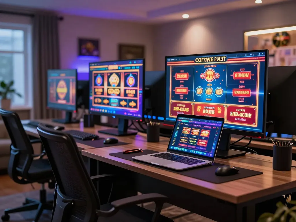 KJC online gaming setup showcasing a strategic poker game on multiple screens with vibrant displays.