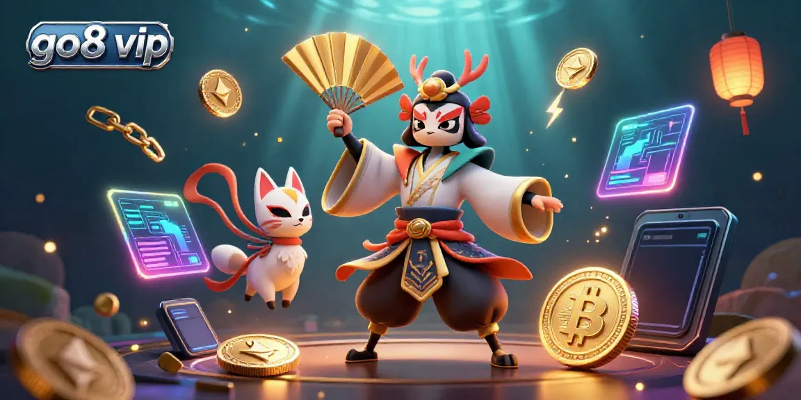 Experience the excitement of go8 vip with a kabuki warrior and crypto-themed elements in this vibrant casino scene.