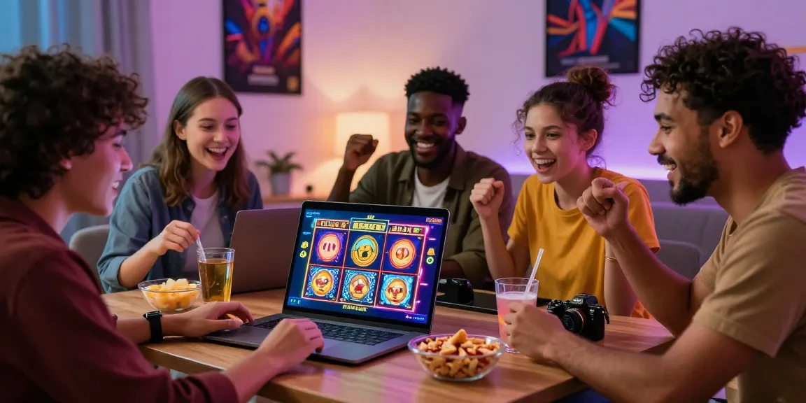 Friends enjoying online slot games in a cozy living room setting.