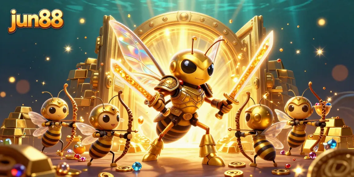 Engage with exciting games at jun88, featuring a vibrant 3D illustration of golden bee warriors among golden treasures.