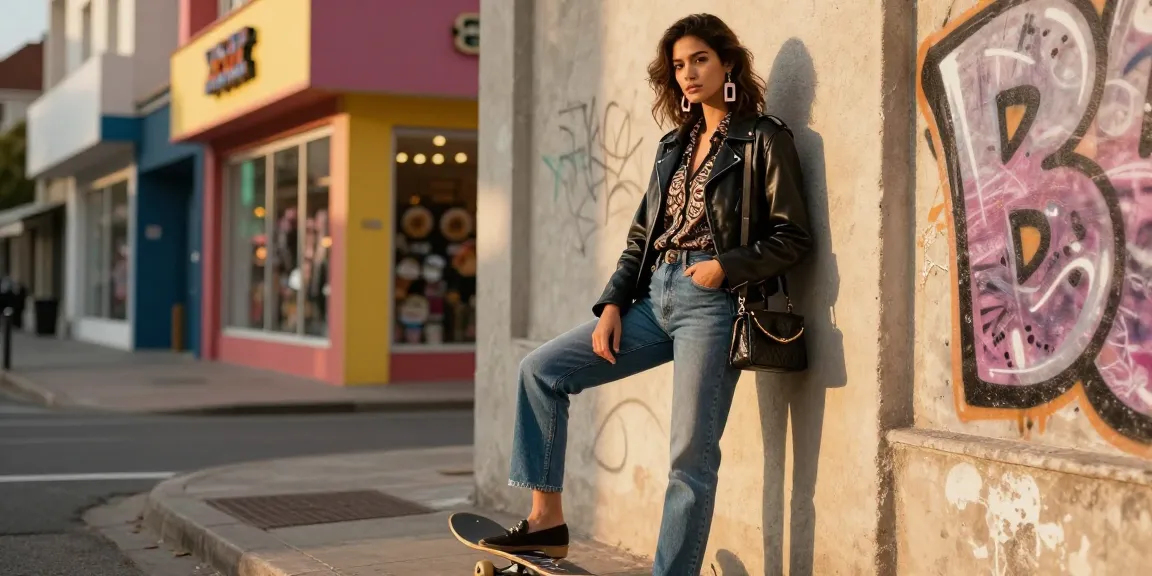 Fashion-forward woman showcasing urban style with statement accessories in vibrant city setting.